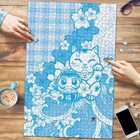 Blue Palaka Hawaiian And Japanese Puzzle Maneki Neko And Sakura Bloom