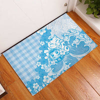 Blue Palaka Hawaiian And Japanese Rubber Doormat Maneki Neko And Sakura Bloom