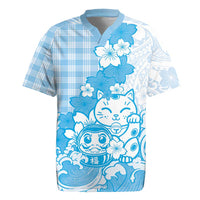 Blue Palaka Hawaiian And Japanese Rugby Jersey Maneki Neko And Sakura Bloom DT05 Blue - Polynesian Pride