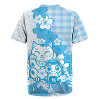 Blue Palaka Hawaiian And Japanese Rugby Jersey Maneki Neko And Sakura Bloom DT05 - Polynesian Pride