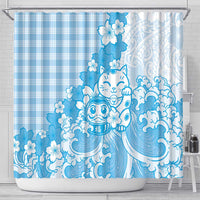 Blue Palaka Hawaiian And Japanese Shower Curtain Maneki Neko And Sakura Bloom DT05 - Polynesian Pride
