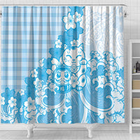Blue Palaka Hawaiian And Japanese Shower Curtain Maneki Neko And Sakura Bloom DT05 - Polynesian Pride