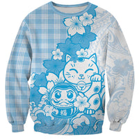 Blue Palaka Hawaiian And Japanese Sweatshirt Maneki Neko And Sakura Bloom