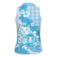 Blue Palaka Hawaiian And Japanese Women Sleeveless Polo Shirt Maneki Neko And Sakura Bloom