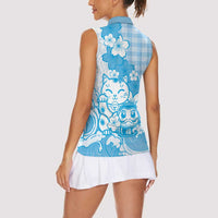 Blue Palaka Hawaiian And Japanese Women Sleeveless Polo Shirt Maneki Neko And Sakura Bloom