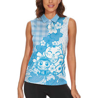 Blue Palaka Hawaiian And Japanese Women Sleeveless Polo Shirt Maneki Neko And Sakura Bloom