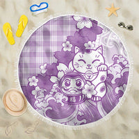 Purple Palaka Hawaiian And Japanese Beach Blanket Maneki Neko And Sakura Bloom