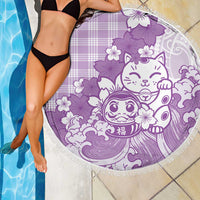 Purple Palaka Hawaiian And Japanese Beach Blanket Maneki Neko And Sakura Bloom