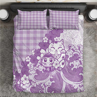 Purple Palaka Hawaiian And Japanese Bedding Set Maneki Neko And Sakura Bloom DT05 Purple - Polynesian Pride