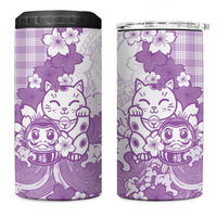 Purple Palaka Hawaiian And Japanese 4 in 1 Can Cooler Tumbler Maneki Neko And Sakura Bloom