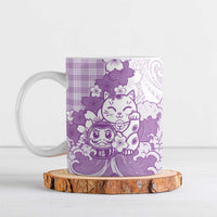 Purple Palaka Hawaiian And Japanese Ceramic Mug Maneki Neko And Sakura Bloom DT05 Purple - Polynesian Pride