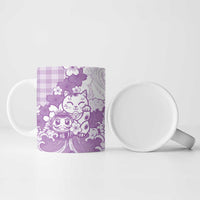 Purple Palaka Hawaiian And Japanese Ceramic Mug Maneki Neko And Sakura Bloom DT05 - Polynesian Pride