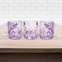 Purple Palaka Hawaiian And Japanese Ceramic Mug Maneki Neko And Sakura Bloom DT05 - Polynesian Pride