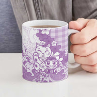 Purple Palaka Hawaiian And Japanese Ceramic Mug Maneki Neko And Sakura Bloom DT05 - Polynesian Pride