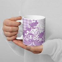 Purple Palaka Hawaiian And Japanese Ceramic Mug Maneki Neko And Sakura Bloom DT05 - Polynesian Pride