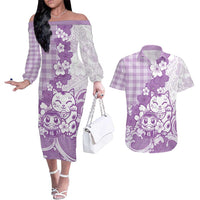 Purple Palaka Hawaiian And Japanese Couples Matching Off The Shoulder Long Sleeve Dress and Hawaiian Shirt Maneki Neko And Sakura Bloom