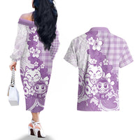 Purple Palaka Hawaiian And Japanese Couples Matching Off The Shoulder Long Sleeve Dress and Hawaiian Shirt Maneki Neko And Sakura Bloom