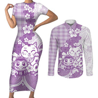 Purple Palaka Hawaiian And Japanese Couples Matching Short Sleeve Bodycon Dress and Long Sleeve Button Shirt Maneki Neko And Sakura Bloom