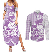 Purple Palaka Hawaiian And Japanese Couples Matching Summer Maxi Dress and Long Sleeve Button Shirt Maneki Neko And Sakura Bloom