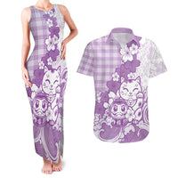 Purple Palaka Hawaiian And Japanese Couples Matching Tank Maxi Dress and Hawaiian Shirt Maneki Neko And Sakura Bloom