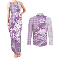 Purple Palaka Hawaiian And Japanese Couples Matching Tank Maxi Dress and Long Sleeve Button Shirt Maneki Neko And Sakura Bloom
