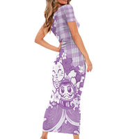 Purple Palaka Hawaiian And Japanese Family Matching Short Sleeve Bodycon Dress and Hawaiian Shirt Maneki Neko And Sakura Bloom
