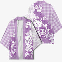 Purple Palaka Hawaiian And Japanese Kimono Maneki Neko And Sakura Bloom DT05 - Polynesian Pride