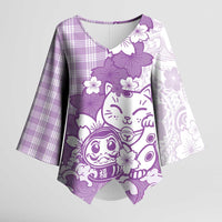 Purple Palaka Hawaiian And Japanese Kimono Sleeve Blouse Maneki Neko And Sakura Bloom