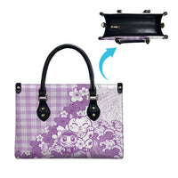 Purple Palaka Hawaiian And Japanese Leather Bag Maneki Neko And Sakura Bloom DT05 - Polynesian Pride