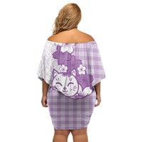 Purple Palaka Hawaiian And Japanese Off Shoulder Short Dress Maneki Neko And Sakura Bloom DT05 - Polynesian Pride