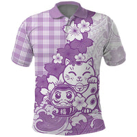 Purple Palaka Hawaiian And Japanese Polo Shirt Maneki Neko And Sakura Bloom DT05 Purple - Polynesian Pride