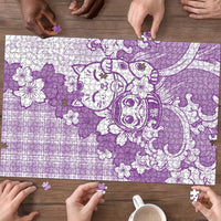 Purple Palaka Hawaiian And Japanese Puzzle Maneki Neko And Sakura Bloom