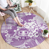 Purple Palaka Hawaiian And Japanese Round Carpet Maneki Neko And Sakura Bloom