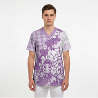 Purple Palaka Hawaiian And Japanese Scrub Top Maneki Neko And Sakura Bloom DT05 - Polynesian Pride