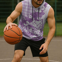 Purple Palaka Hawaiian And Japanese Sleeveless Hoodie Maneki Neko And Sakura Bloom
