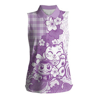 Purple Palaka Hawaiian And Japanese Women Sleeveless Polo Shirt Maneki Neko And Sakura Bloom