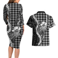 Black Hawaii Palaka Cowboy Turtle Couples Matching Long Sleeve Bodycon Dress and Hawaiian Shirt Hawaiian Paniolo Puakenikeni Maile Lei