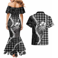 Black Hawaii Palaka Cowboy Turtle Couples Matching Mermaid Dress and Hawaiian Shirt Hawaiian Paniolo Puakenikeni Maile Lei