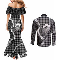 Black Hawaii Palaka Cowboy Turtle Couples Matching Mermaid Dress and Long Sleeve Button Shirt Hawaiian Paniolo Puakenikeni Maile Lei