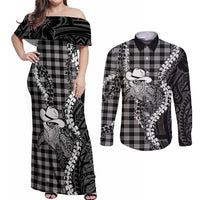 Black Hawaii Palaka Cowboy Turtle Couples Matching Off Shoulder Maxi Dress and Long Sleeve Button Shirt Hawaiian Paniolo Puakenikeni Maile Lei