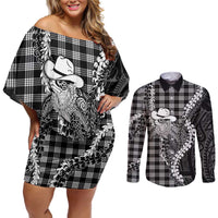 Black Hawaii Palaka Cowboy Turtle Couples Matching Off Shoulder Short Dress and Long Sleeve Button Shirt Hawaiian Paniolo Puakenikeni Maile Lei