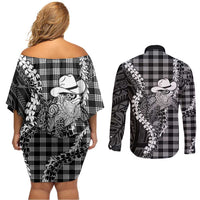 Black Hawaii Palaka Cowboy Turtle Couples Matching Off Shoulder Short Dress and Long Sleeve Button Shirt Hawaiian Paniolo Puakenikeni Maile Lei