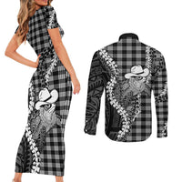 Black Hawaii Palaka Cowboy Turtle Couples Matching Short Sleeve Bodycon Dress and Long Sleeve Button Shirt Hawaiian Paniolo Puakenikeni Maile Lei DT05 - Polynesian Pride
