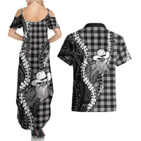 Black Hawaii Palaka Cowboy Turtle Couples Matching Summer Maxi Dress and Hawaiian Shirt Hawaiian Paniolo Puakenikeni Maile Lei