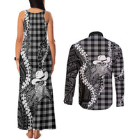 Black Hawaii Palaka Cowboy Turtle Couples Matching Tank Maxi Dress and Long Sleeve Button Shirt Hawaiian Paniolo Puakenikeni Maile Lei DT05 - Polynesian Pride