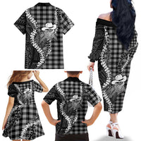 Black Hawaii Palaka Cowboy Turtle Family Matching Off The Shoulder Long Sleeve Dress and Hawaiian Shirt Hawaiian Paniolo Puakenikeni Maile Lei