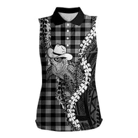 Black Hawaii Palaka Cowboy Turtle Women Sleeveless Polo Shirt Hawaiian Paniolo Puakenikeni Maile Lei DT05 Female Black - Polynesian Pride