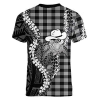 Black Hawaii Palaka Cowboy Turtle Women V-Neck T-Shirt Hawaiian Paniolo Puakenikeni Maile Lei