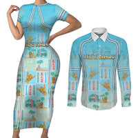 Custom Hawaii Surfing Couples Matching Short Sleeve Bodycon Dress and Long Sleeve Button Shirt He'e Nalu DT05 Blue - Polynesian Pride