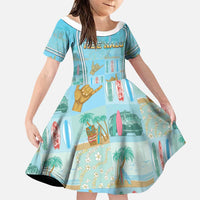 Custom Hawaii Surfing Family Matching Off Shoulder Short Dress and Hawaiian Shirt He'e Nalu DT05 Daughter's Dress Blue - Polynesian Pride